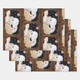 Feuille De Papier Cadeau Dame Art déco vintage dans la fenêtre