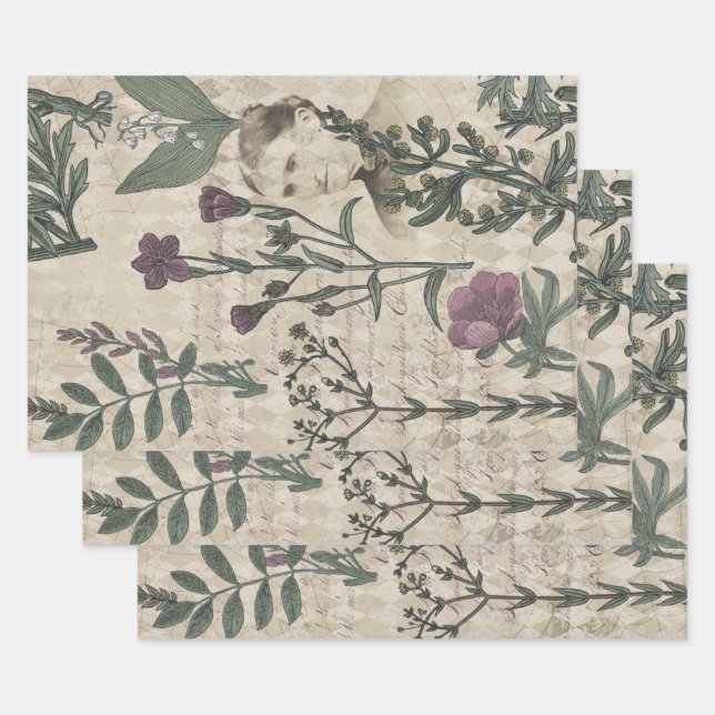 Feuille De Papier Cadeau Dame et fleurs victoriennes (Lot)