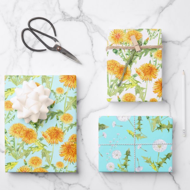 Feuille De Papier Cadeau Dandelions jaunes et bouffées de Dandelion (Recto)