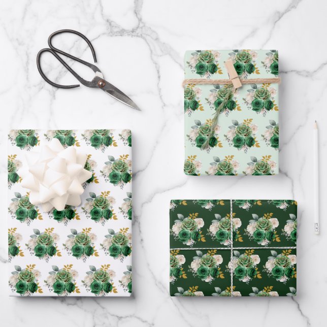 Feuille De Papier Cadeau Dark Green and Gold Elegant Flowers (Recto)