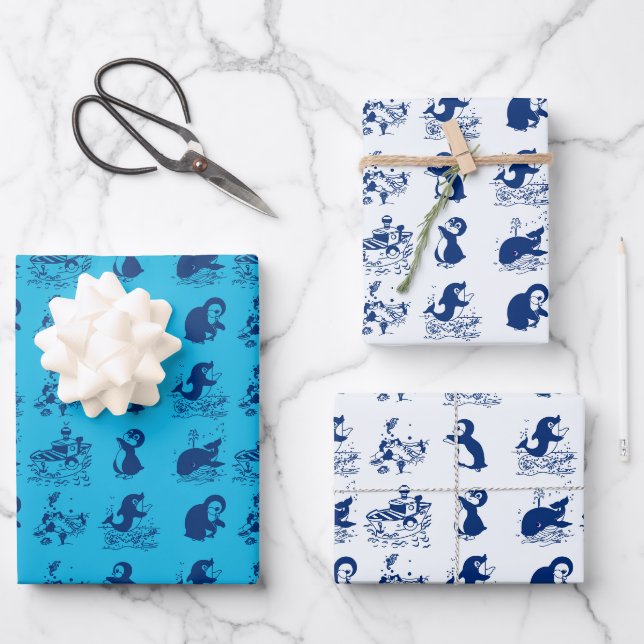 Feuille De Papier Cadeau Dauphin, baleines et pingouins (Recto)