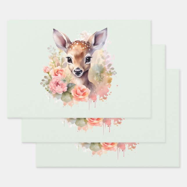 Feuille De Papier Cadeau De Beaux Cerfs Entourés De Roses (Lot)