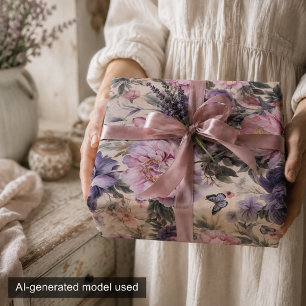Feuille De Papier Cadeau Decoupage de fleurs et de papillons anciens, viole