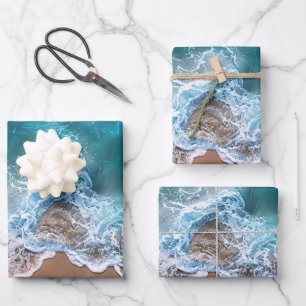 Feuille De Papier Cadeau Découpage des vagues de rivage de plage