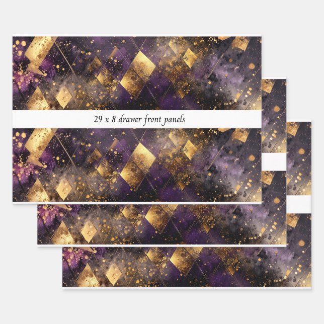 Feuille De Papier Cadeau Decoupage Drawer Panel Diamond Motifs Purple Gold  (Lot)