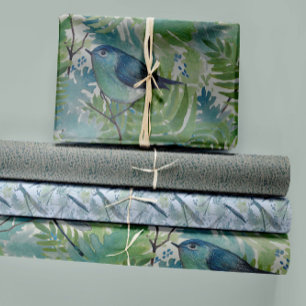 Feuille De Papier Cadeau Découpage du trio bleu floral d'oiseaux