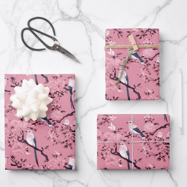 Feuille De Papier Cadeau Découpage floral d'oiseau rose (Recto)