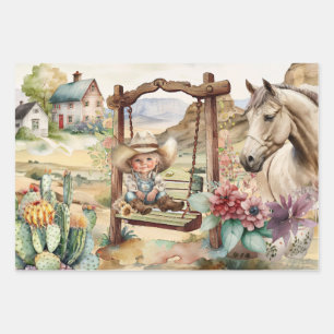 Feuille De Papier Cadeau Découpage occidentale - petite cowgirl sur un chev