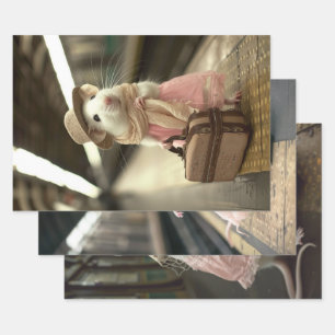 Feuille De Papier Cadeau Découpage vintage de souris de voyage