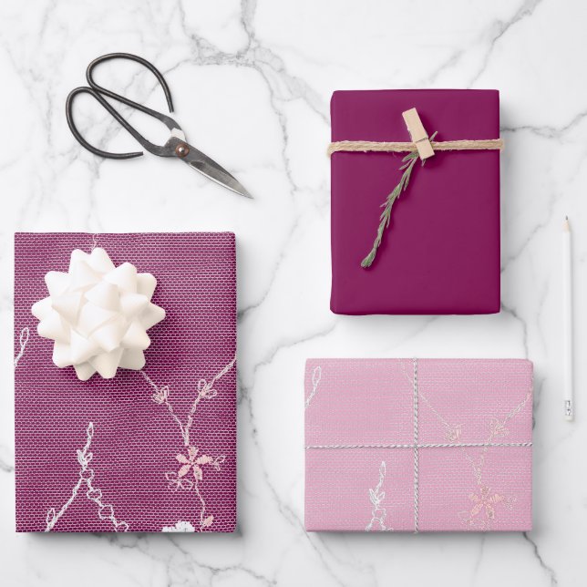 Feuille De Papier Cadeau Dentelle Fleurie Rose (Recto)