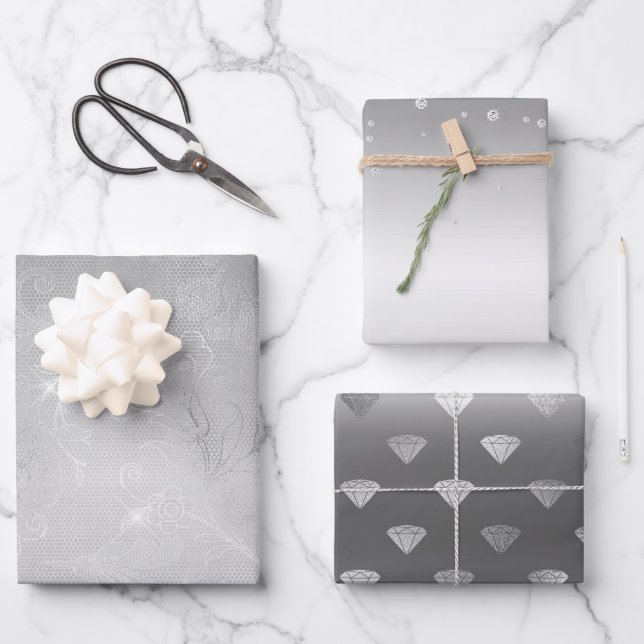 Feuille De Papier Cadeau Dentelle florale d'argent romantique (Recto)