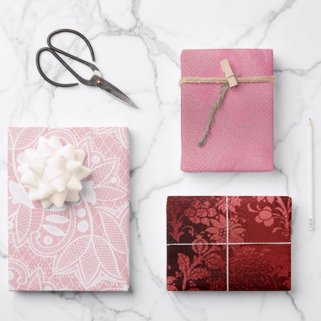 Feuille De Papier Cadeau Dentelle florale rose rouge (Recto)