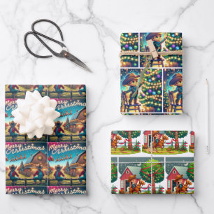 Feuille De Papier Cadeau Des petits cowboys attendent Père Noël et décorent