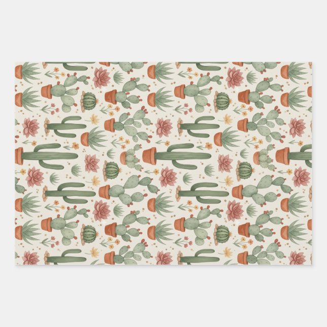 Feuille De Papier Cadeau Desert Cacti Succulent Seamless Pattern (Devant)