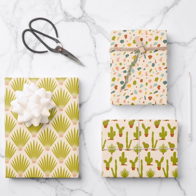 Feuille De Papier Cadeau Desert Palm Botaniques, Cactus et Terrazzo - Crème (Recto)