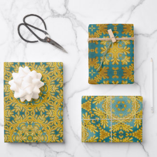 Feuille De Papier Cadeau Design arabesque en jaune et turquoise ensemble 3