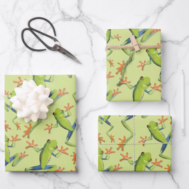 Feuille De Papier Cadeau Design Motif de grenouilles à arbre vert (Recto)