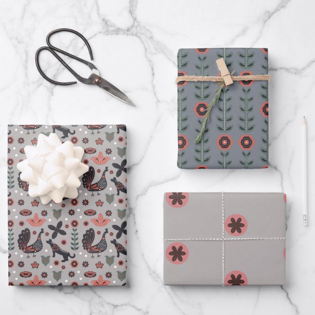Feuille De Papier Cadeau Design nordique rose et gris (Recto)