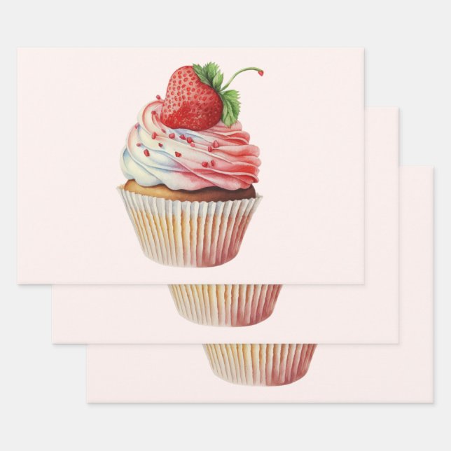 Feuille De Papier Cadeau Dessert sucré à la fraise Cupcake (Lot)