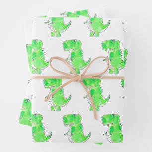 Feuille De Papier Cadeau Dessin d'aquarelle Dinosaure Vert