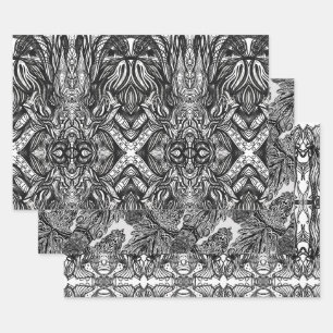Feuille De Papier Cadeau Dessins à encre noire et blanche