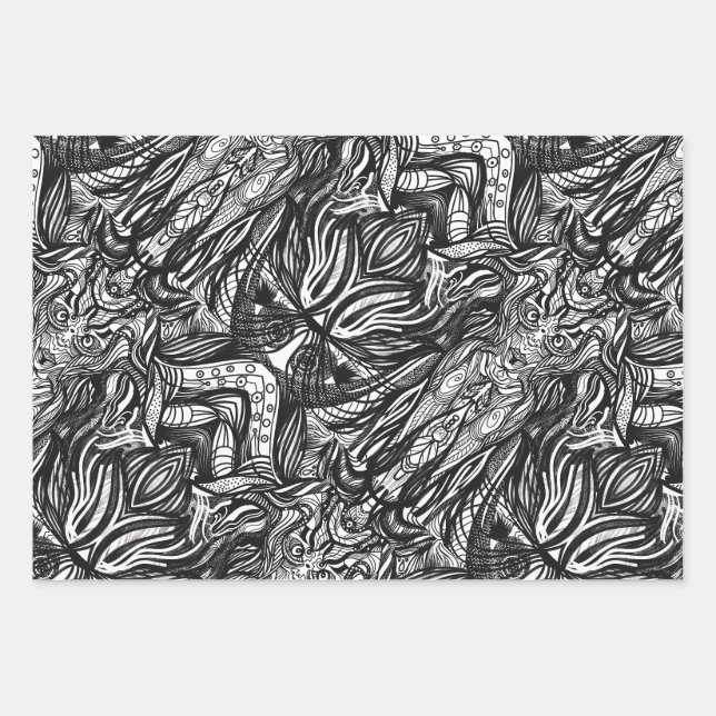 Feuille De Papier Cadeau Dessins à encre noire et blanche (Devant 3)