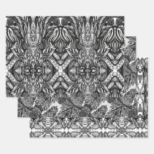 Feuille De Papier Cadeau Dessins à l'encre noire et blanche