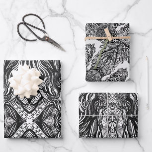 Feuille De Papier Cadeau dessins à l'encre noire et blanche