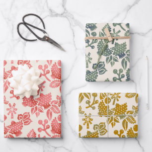 Feuille De Papier Cadeau Deux tourterelles en rose, vert et moutarde