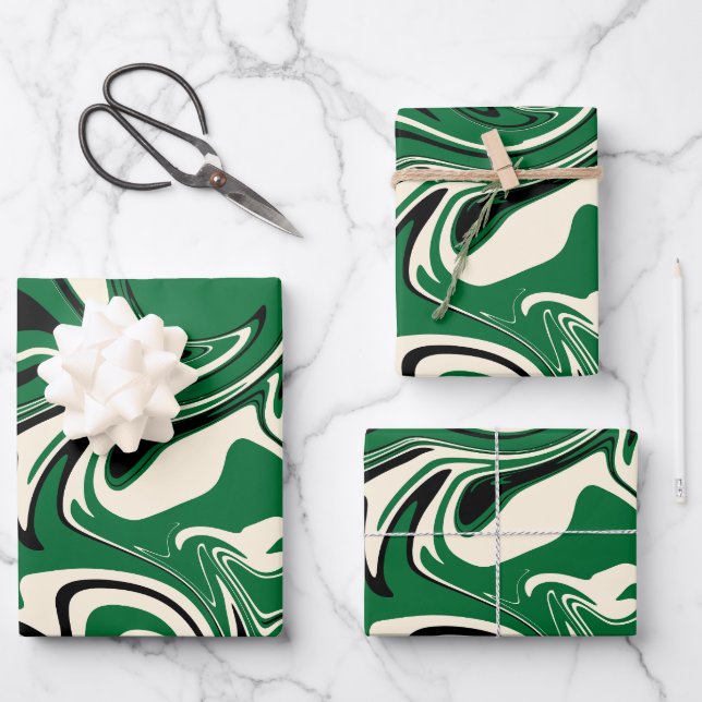 Feuille De Papier Cadeau Déversement - vert, crème et noir (Recto)