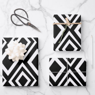 Feuille De Papier Cadeau Diamant noir et blanc géométrique