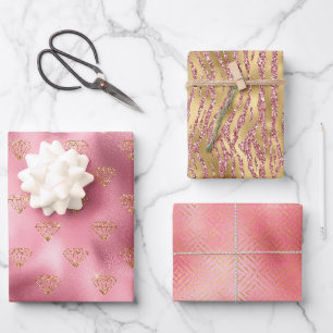 Feuille De Papier Cadeau Diamants d'or en verre rose