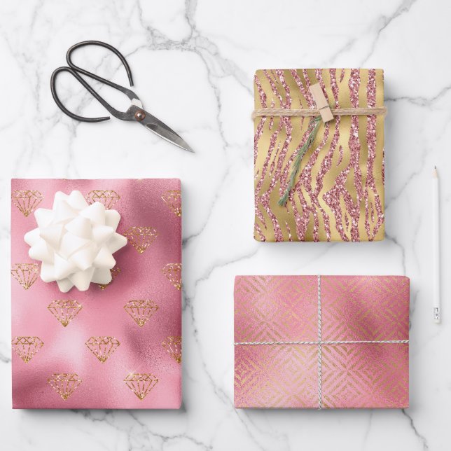 Feuille De Papier Cadeau Diamants d'or en verre rose (Recto)