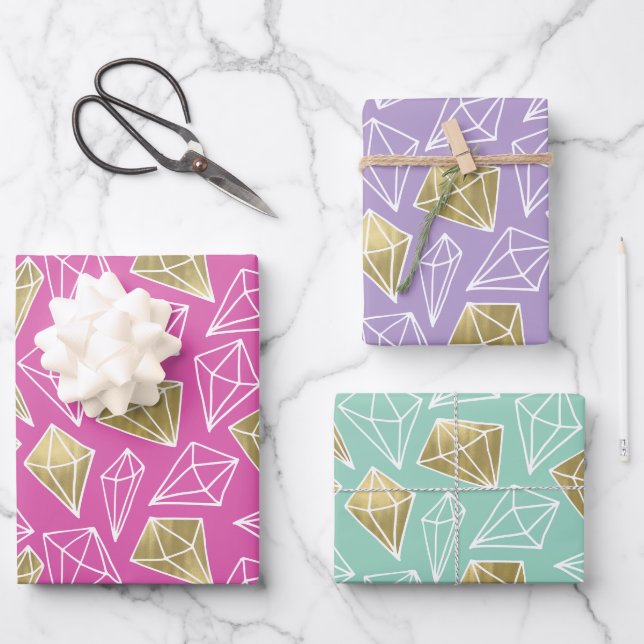 Feuille De Papier Cadeau Diamants d'or rose Chic Anniversaire (Recto)