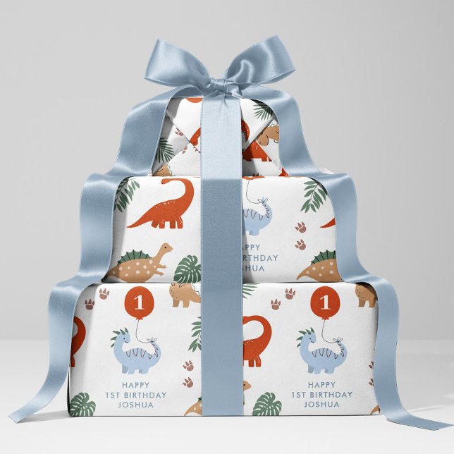 Feuille De Papier Cadeau Dinosaur 1er anniversaire fête Nom personnalisé (Créateur téléchargé)