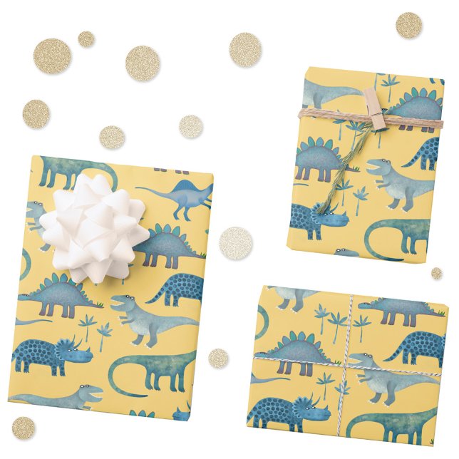 Feuille De Papier Cadeau Dinosaur Motif Jaune (Yellow dinosaur pattern gift wrapping paper sheets)