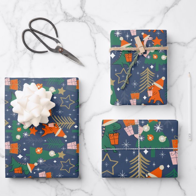Feuille De Papier Cadeau Dinosaur Noël Party Blue (Recto)