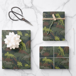 Feuille De Papier Cadeau Dinosaur Silhouette Camouflé Cadeau Anniversaire