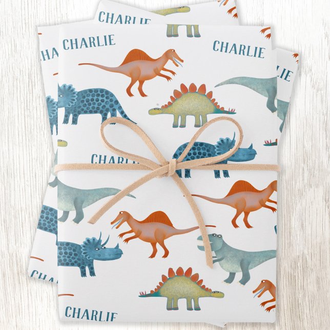 Feuille De Papier Cadeau Dinosaure amusant Nom personnalisé (Unique personalized kids name dinosaur wrapping paper)
