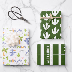 Feuille De Papier Cadeau Dinosaure personnalisé Enfants blancs et verts