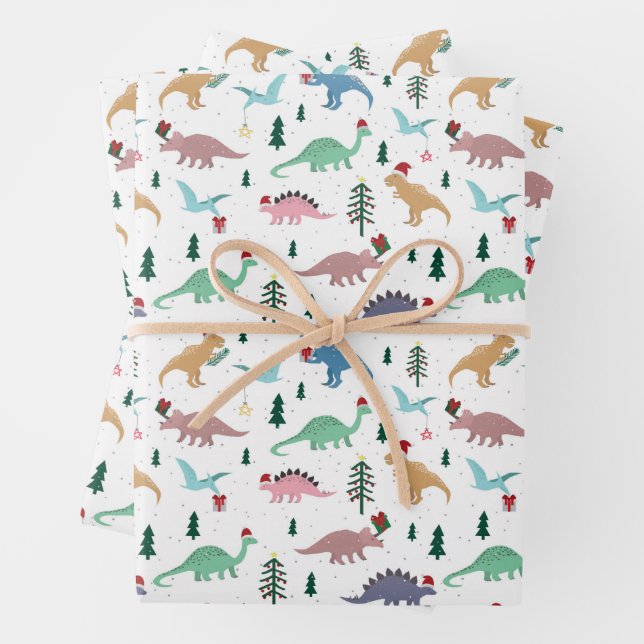 Feuille De Papier Cadeau Dinosaures festifs Motif de Noël (En situation)
