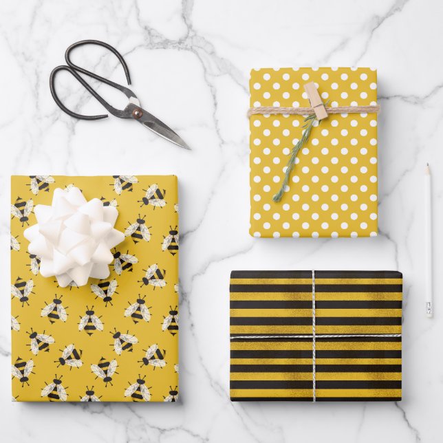 Feuille De Papier Cadeau Doigts et rayures d'abeilles rustiques jaunes (Recto)