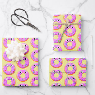 Feuille De Papier Cadeau Donut Avec Les Yeux Et Saupoudrer Motif Dessin
