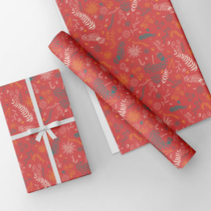 Feuille De Papier Cadeau Doodles floraux bleus et blancs sur rouge