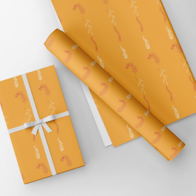 Feuille De Papier Cadeau Doodles floraux sur orange doré (Créateur téléchargé)