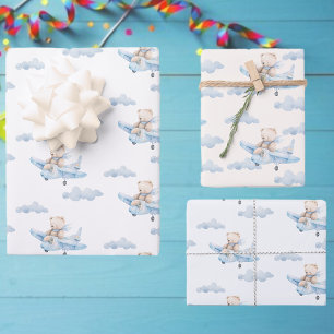 Feuille De Papier Cadeau Doux ours en peluche dans un avion