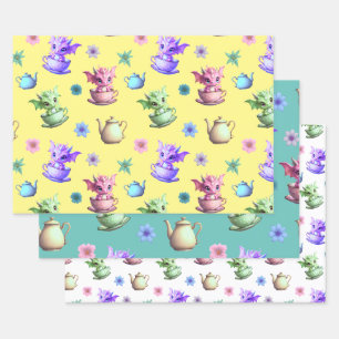 Feuille De Papier Cadeau Dragons de thé avec théières et fleurs