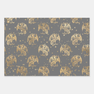 Feuille De Papier Cadeau Dragons d'or et étoiles