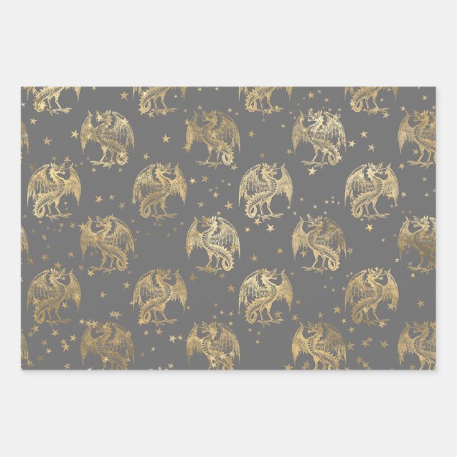 Feuille De Papier Cadeau Dragons d'or et étoiles (Devant)