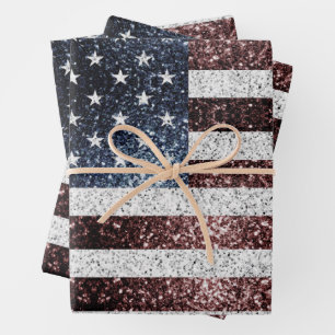 Feuille De Papier Cadeau Drapeau américain rouge rustique blanc bleu scinti